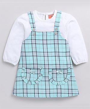 Snuggly MONKEY Poplin Checked Dungaree Dress With Full Sleeves Solid Tee Set - White & Blue