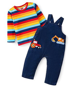 Babyhug Single Jersey Woven Dungaree with Vehicle Embroidery & Striped Full Sleeves T-Shirt - Navy Blue