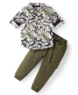 Babyhug Cotton Woven Full Sleeves Shirt & Trouser Set With Tropical Theme Print - Olive Green