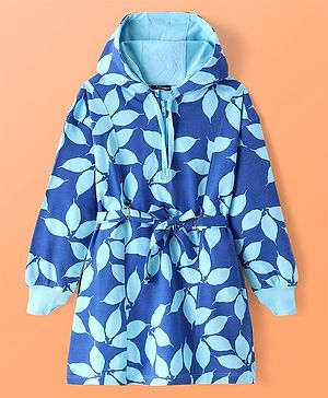 Pine Kids Cotton Knit Full Drop Shoulder Sleeves Hooded Sweatshirt Dress With Leafy Print & Front Tie Up-Blue