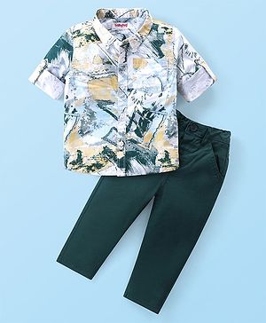Babyhug Cotton Woven Full Sleeves Printed Shirt & Trouser Pants Set - White & Dark Green
