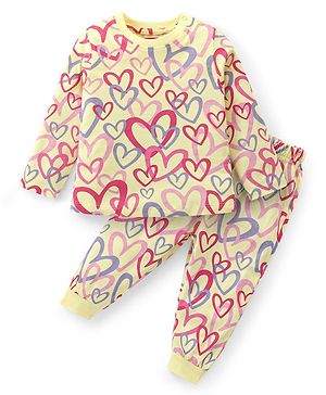 Babyhug Cotton Knit Full Sleeves Night Suit with Heart Print - Light Yellow