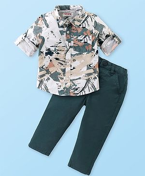 Babyhug Cotton Woven Full Sleeves Printed Shirt & Trouser Pants Set - Off White & Dark Green