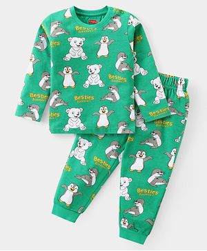Babyhug Cotton Knit Full Sleeves Night Suit Penguin Print - Green