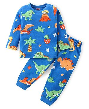 Babyhug Cotton Knit Full Sleeves Night Suit Dino Print - Blue