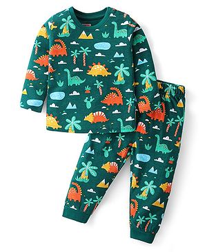 Babyhug Cotton Knit  Full Sleeves  Night Suit with Dino Print - Dark Green
