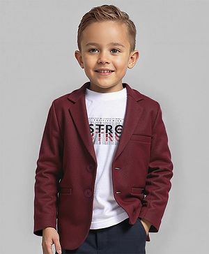 Babyhug Woven Full Sleeves Solid Colour Blazer & Text Printed T-Shirt - Maroon