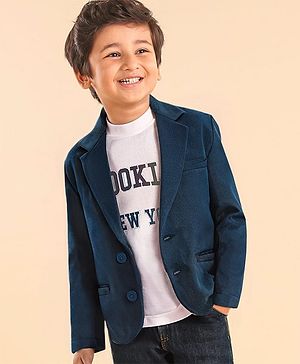 Babyhug Woven Full Sleeves Solid Colour Blazer with Text Printed T-Shirt - Navy Blue