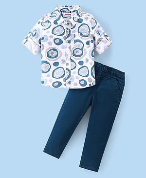 Babyhug Cotton Woven Full Sleeves Printed Shirt & Trouser Pants Set - Blue & Off White