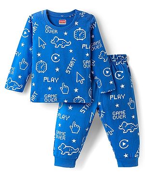 Babyhug Cotton Knit Full Sleeves Night Suit with Text Print - Blue