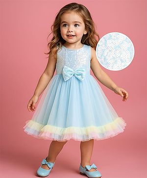 Babyhug Woven Sleeveless Fit & Flared Sequined on Yoke Party Dress with Bow Applique & Frill Detailing On Hem- Light Blue