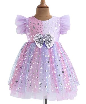 Babyhug Woven Frill Sleeves Fit & Flared Party Frock with Foil Stars Print & Bow Applique - Lilac