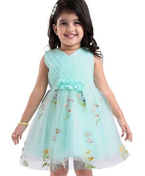 Babyhug Woven Sleeveless Fit and Flare Party Frock with Corsage Applique & Floral Embroidery Detailing - Light Blue