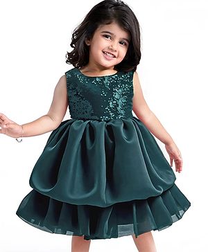 Babyhug Woven Sleeveless Sequined Yoke Party Frock - Dark Green