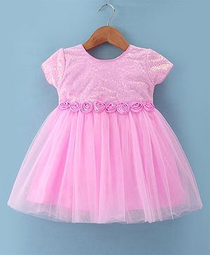 Babyhug Woven Half Sleeves Fit & Flared Party Frock with Sequin Embroidery & Floral Applique - Pink