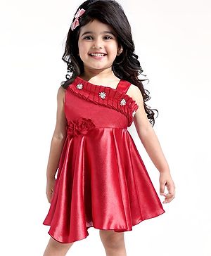 Babyhug Woven Sleeveless Fit & Flared  Party Frock with Floral Applique  & Pearl Detailing - Red