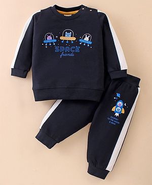 Zero Cotton Knit Full Sleeves Winter Wear Suit With Space Theme Print - Navy