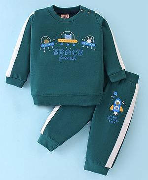 Zero Cotton Knit Full Sleeves Winter Wear Suit With Space Theme Print - Teal Blue