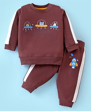 Zero Cotton Knit Full Sleeves Winter Wear Suit With Space Theme Print - Burgundy