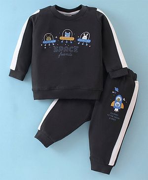 Zero Cotton Knit Full Sleeves Winter Wear Suit With Space Theme Print - Charcoal Grey