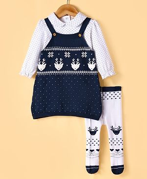 ToffyHouse 100% Cotton Knit Full Sleeves Winter Wear Polka Dots Printed Peter Pan Collared Top with Deer Designed  Sweater Dress & Stockings - Navy Blue