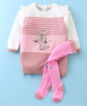 ToffyHouse Cotton Knitted Full Sleeves Winter Wear  Striped Woollen Dress with Stockings Striped & Bunny Patch - Pink & White