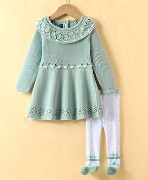 ToffyHouse Cotton Knit Full Sleeves Sweater Dress With Schiffli Detailing & Stockings - Teal
