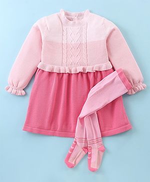 ToffyHouse Cotton Knit Full Sleeves Winter Frock with Cable Knit Design & Stockings - Pink