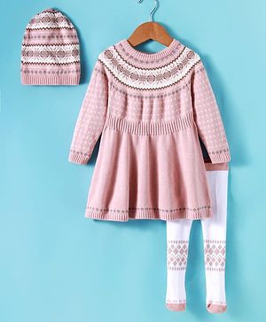 ToffyHouse 100% Cotton Knitted Full Sleeves Winter Wear Designed  Sweater Dress with Hat & Stockings - Pink