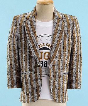 Dapper Dudes Full Sleeves Striped Blazer With Unique 88 Text Printed Tee - Mustard