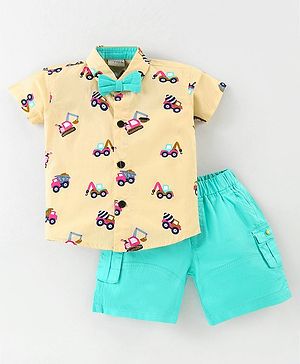 Dapper Dudes Half Sleeves Vehicles Printed Shirt With Bow & Shorts - Fawn