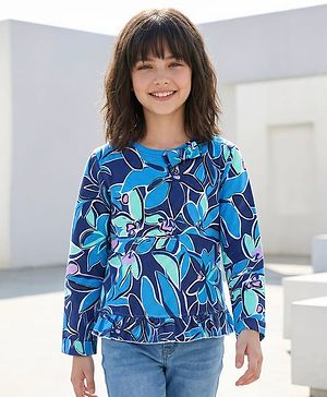 Pine Kids Cotton Knit Full Sleeves Floral Printed Top with Bow Applique - Navy Blue