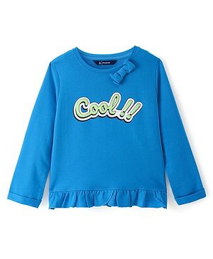 Pine Kids Cotton Knit Full Sleeves Top with Text Print Bow & Frill Detailing - Blue