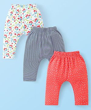 Babyhug Cotton Knit Full Length Diaper Leggings With Stripes Polka Dots & Floral Print Pack Of 3 - Navy Off White & Red