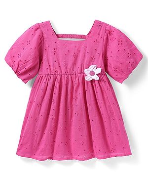 Babyhug Viscose Woven Half Sleeves Schiffli Frock with Headband Floral Applique - Dark Pink