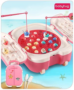 Babyhug Premium  Rechargeable Magnetic Fishing Game Portable Trolly|25 colourful fishes with 2 fish catching rods| C-Type Charging | Music & Lights | Best for Gifting | Made in India-Pink