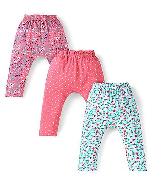 Babyhug Interlock Knit Full Length Polka Dot & Floral Printed Diaper Leggings Pack of 3 - Pink Dark Pink & Blue