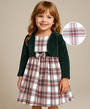 Babyhug Woven Full Sleeves Jacket & Checkered Frock with Bow Applique - White Red & Black