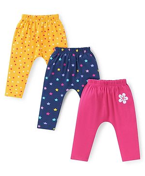 Babyhug Interlock Knit Full Length Polka Dot & Star Printed Diaper Leggings Pack of 3 - Yellow Navy Blue & Dark Pink