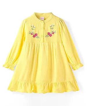 Babyhug Viscose Woven Full Sleeves Mandarin Collared Frock with Floral Embroidery & Frill Detailing  - Yellow