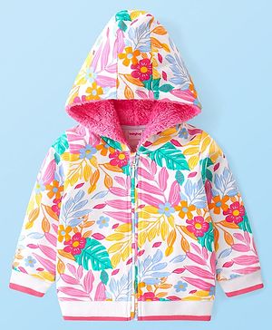 Babyhug Cotton Knit Full Sleeves Floral Printed Hooded Sweatjacket with Zipper - Pink & White