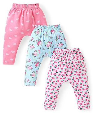 Babyhug Cotton Knit Full Length Diaper Leggings With Floral & Butterflies Print Pack Of 3 - Pink Blue & Light Pink