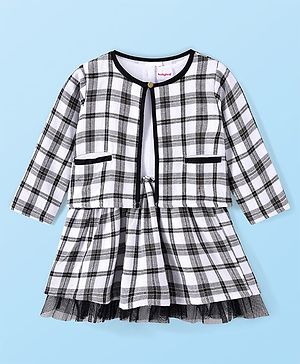 Babyhug Woven Checkered Frock With Full Sleeves Jacket - White & Black