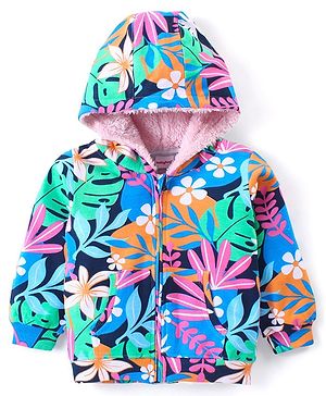 Babyhug Cotton Knit Full Sleeves Front Open Hooded Sweatjacket with Floral Print & Kangaroo Pockets - Navy Blue