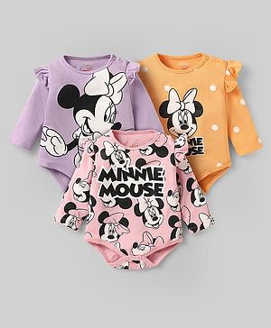 Babyhug Disney Interlock Knit Full Sleeves Onesies with Minnie Mouse Graphics & Frill Detailing Pack of 3 - Lavender Pink & Mustard