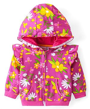 Babyhug Cotton Knit Full Sleeves Hooded Sweatjacket with Floral Print & Frill Detailing - Fuchsia