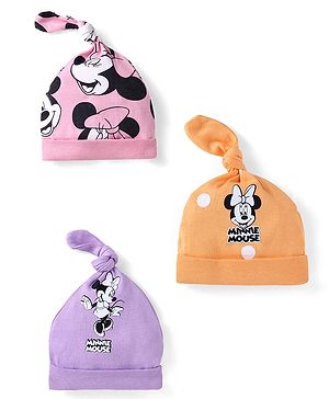 Babyhug Disney  Interlock Knit Knot Cap With Minnie Mouse Pack of 3 - Purple Orange & Pink