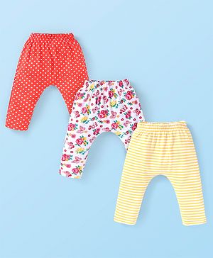 Babyhug Interlock Cotton Knit Full Length Striped & Floral Printed Diaper Leggings Pack of 3 - Red Yellow & White