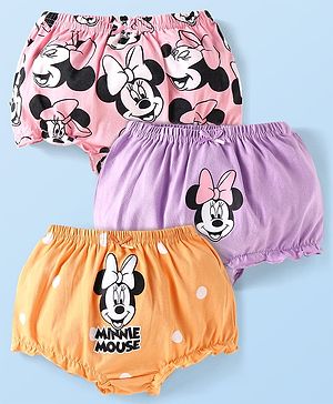 Babyhug Disney Interlock Knit Bloomers with Minnie Mouse Graphics Pack of 3 - Pink Orange & Purple