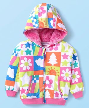 Babyhug Cotton Knit Full Sleeves Hooded Front Open  Sweatjacket with  Floral Print - Pink White & Orange